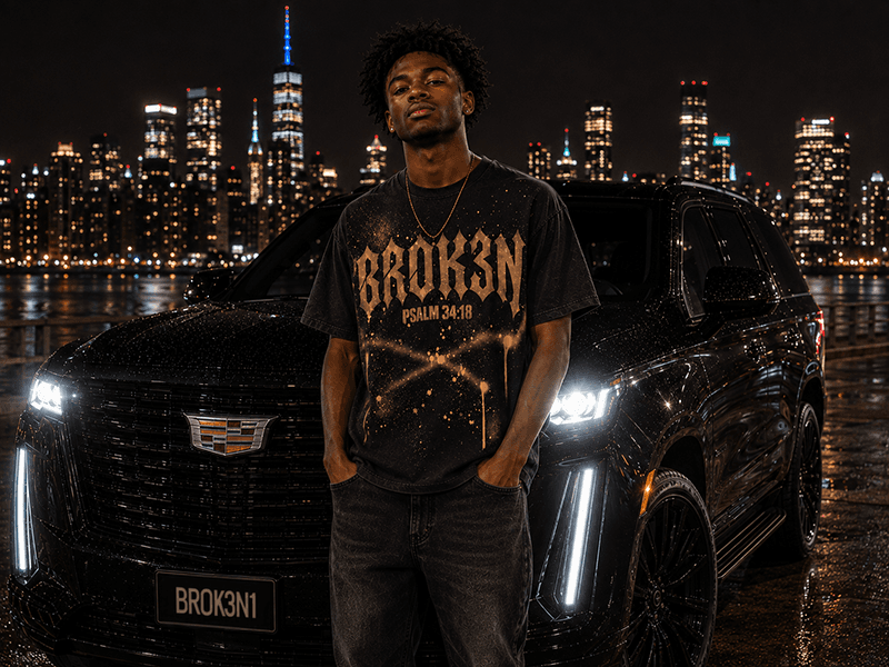 BROK3N tee worn on the street at night